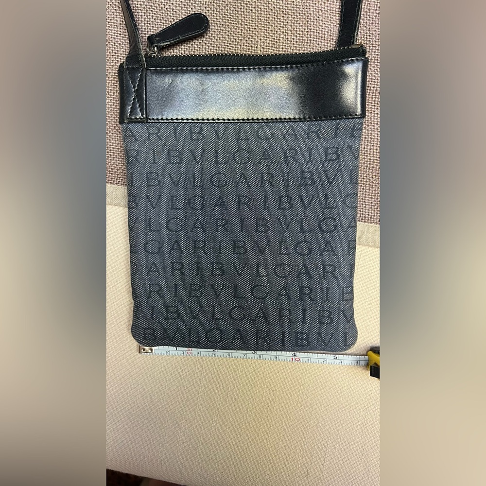 Bvlgari Logo Mania Mini Crossbody Navy Denim Canvas Black Leather Trim Authentic
